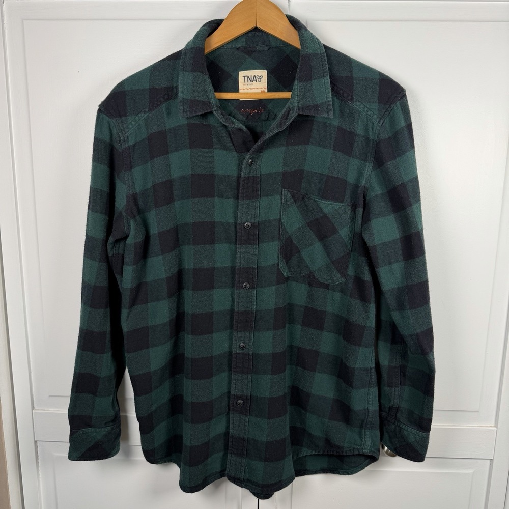 TNA Aritzia Flannel Women's Medium Black Green Check Long Sleeve Button‎ Down